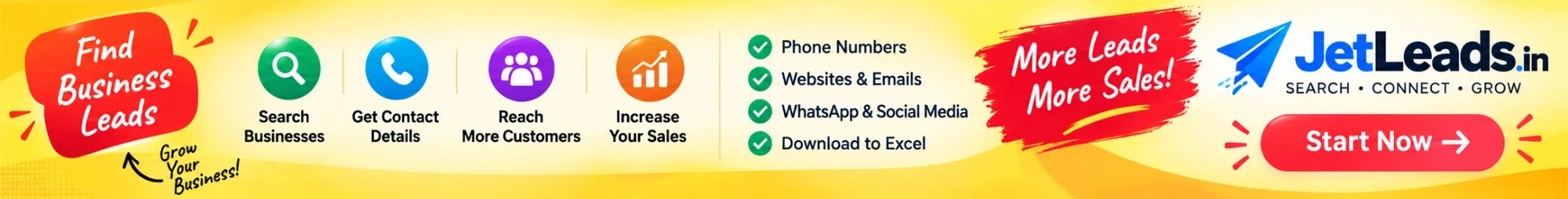 JetLeads: find business leads with phone numbers, websites and emails, and download them to Excel. Start now.